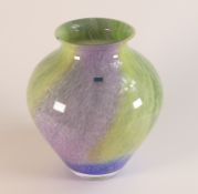 Large Caithness glass vase with swirls of green and purple. Height 22cm