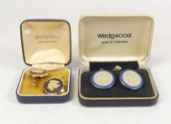 Wedgwood, A pair of Tri-colour Silver Mounted Jasperware cufflinks, in dark blue with yellow and