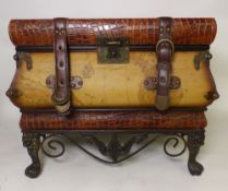 Small vintage style luggage trunk chest on a wrought iron base. (H: 37cm x W: 45cm)