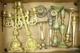 A collection of pairs of candlestick holders/candelabras (1 tray).