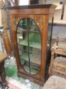 Inlaid mahogany display cabinet with glass front and sides and hand-painted floral sprays to door, H