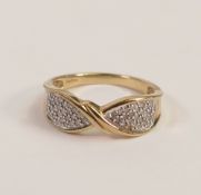 9ct gold diamond crossover ring, size P,3.3g.