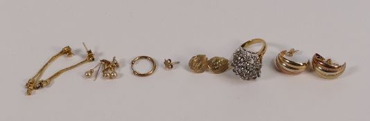 A collection of yellow metal earrings, electronically tested to be 9ct gold, 3g together with