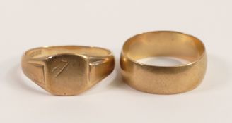 9ct gold gentlemans wedding ring, size Z, and signet ring, size Z+5,12.8g.