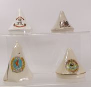 Crested Ware, Four figures of Military Tents including Carlton, Aynsley and S. Hancock examples. (