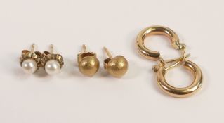 Three pairs of 9ct gold earrings including pearl studs etc ,2.7g.