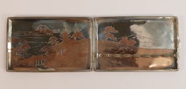Japanese 950 Sterling silver mixed metal cigarette case, decorated with Mount Fuji, 116.2g.