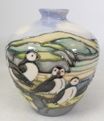 Moorcroft, Puffin design vase. Boxed. Height: 18cm