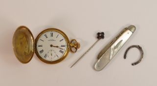 Waltham gold plated Hunter pocket watch, silver penknife with mother of pearl handle, Silver