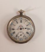 Ladies Silver fob watch with floral enamelled dial in original case, d.3.75cm,51.7g.