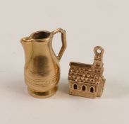 9ct gold miniature charms, church and jug,4.4g.