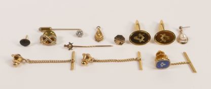 A collection of gold plated and yellow metal cufflinks, masonic tie pins etc , 1.3g of 9ct gold