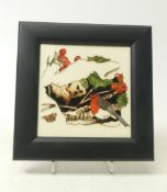Moorcroft, Robin in Snow framed tile. Height: 14cm