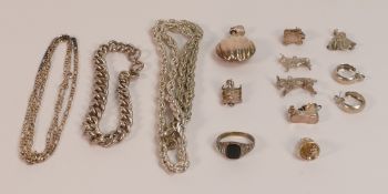 A collection of Silver jewellery including necklaces, rings, charms etc, 125.2g.