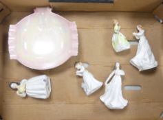 Royal Doulton, Five figures Young Melody HN3654, Dinnertime HN3726, Mandy HN2476 (hairline crack