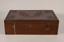 Large wooden collectors 2 tier cabinet display / storage box with decorative tooled leather top.