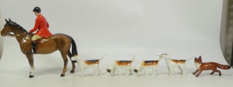 Beswick Huntsman with fox, four foxhounds (one with glued leg noted)(6)