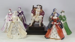 Wedgwood set of figures, Henry VIII with wooden plinth and his six wives to include Catherine of