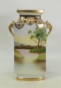 Noritake gilded two handled porcelain vase, decorated all around with lake, house and ducks in