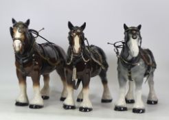 Three Shire Horses complete with working harness by H. A. Wain & Sons, height 27cm(3)