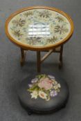 !930's Circular Screen/flap table, Orchid detailed embroidery behind glass, 53cm dia x 54cm tall