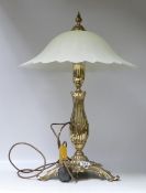 Large Brass Table Lamp with a frosted scalloped edged glass shade, H:60cm(not tested) (Collection