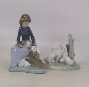 Nao made by Lladro figures to include Young girl with bunnies 01026, Geese next to a tree stump