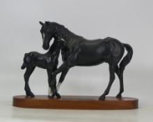 Beswick Black Beauty and Foal on wooden plinth 20cm tall matt finish.