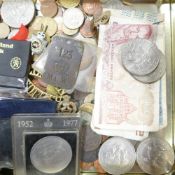 A collection of old coins and banknotes, including 1935 Silver crown, American no date Silver