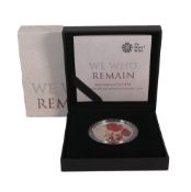 £5 Alderney .925 sterling silver PIEDFORT coin 56.56g, WE WHO REMAIN 2015 Remembrance Day. Box &