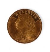 Gold 20 Swiss Francs Coin, Helvetia 1935, 6.4g