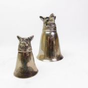 Two white metal fox-themed stirrup cups, height of tallest 13.5cm (2).