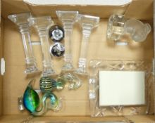 A selection of glass to include:- Waterford candle sticks, picture frame, paper weights, Murano