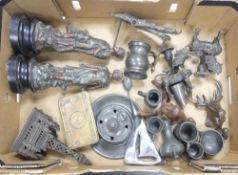 Metal ware to include:- pewter ink well, cups, brass lidded tin box together with sculptures