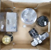 A mixed collection of items to include Zenit-B 35mm film camera with Helio S-44 2/58 lens and