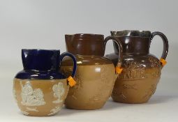 Doulton Lambeth Salt Glazed Stoneware Jugs late 1900cc. Relief design depicting tavern and hunting