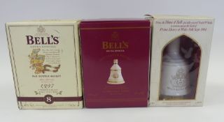 Three Bell's Whisky full, sealed and boxed porcelain decanter's, two limited edition Christmas
