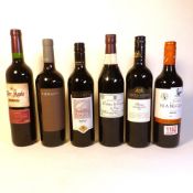 Five 750ml bottles of red wine, Isla Negra Merlot 12%, Winton Reserve Shiraz 2014 14%, Hardys