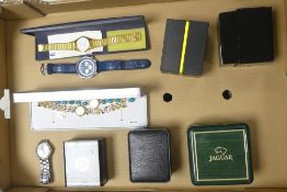 A collection of gentlemen's and ladies' wrist watches, mostly cased, brands including Jaguar,