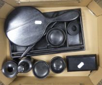 Ebony dressing table set to include tray, perfume bottle, trinket box, hand mirror, candle sticks