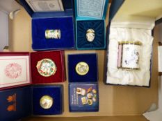 Five Halcyon Days enamels small screw lid boxes featuring designs of The Orient, Cat, Floral,