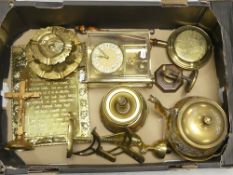A Large selection of brass to include a glass encased carriage clock, teapot, small bed warmer, ship