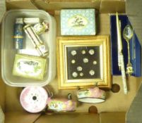 A mixed collection of enamels to include:- a framed selection of buttons, boxed pen and letter
