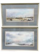 Two watercolours depicting boats, beaches, and seascapes, each approximately 26cm x 52cm. Both works