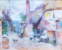 David Woodlock, (1842-1929), watercolour of lady feeding rabbits and chickens outside cottage,