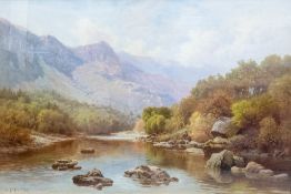 Edward Henry HOLDER, (1847-1922), oil painting on canvas, fisherman on river in mountain