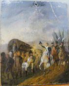 18th century Oil on wooden panel, scene of French Soldiers after a battle, 13.5cm x 16cm.