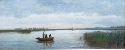 Charles Smith, oil painting on board, fisherman on boat on the Broads, 18.5cm x 46cm, in gilt