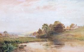 Roberto MARSHALL, (1849-1926) watercolour - sheep, river and cottage scene, 34cm x 54cm, in gilt