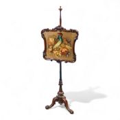 Victorian Rosewood pole screen with needlepoint decoration of Parrot & Flowers, H:164cm x W:54cm.